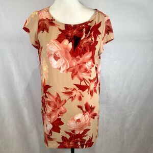 Joan Vass mocha and red floral tunic length short sleeve top size small